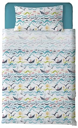 LA DOLCE CASA | Completo Letto Singolo Bambino con Stampa, 100% Cotone, Set Lenzuolo Angoli, Lenzuolo Piano e 1 Federa, Stampa Barca