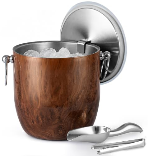 Golden Cudgel Isolierter Eiskübel, 3 l, doppelwandiger Edelstahl-Eiskübel mit Zange, Deckel, Schaufel und Sieb, Eiskübel für Partys, Cocktailbars, zum Kühlen von Bier, Champagner, Weinflaschen, Holz