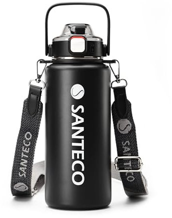 SANTECO Thermos in acciaio inox con cannuccia, borraccia da 1,2 l, senza BPA, con tracolla rimovibile, a prova di perdite, lavabile in lavastoviglie, per corsa, escursioni, colore nero