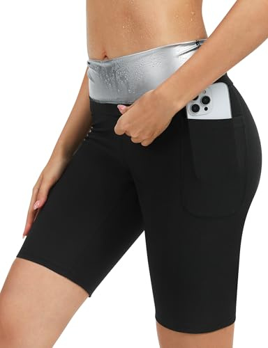 Kiiwah Pantaloni Sauna Dimagranti Donna, Leggings Pantaloni Snellenti Dimagranti con Tasca Mantiene Il Sudore Caldo Leggings Effetto Sauna Pantaloncini per Sudorazione per Sport, Yoga, Fitness