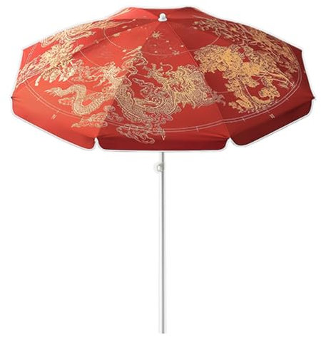 QSPNVFB Garten Sonnenschirm Mit Drachen Und Phönixmuster Groß Sonnenschutz Strandschirm Vintage Rund Terrassenschirm, Tragbarer Marktschirm Wetterfest(Red)