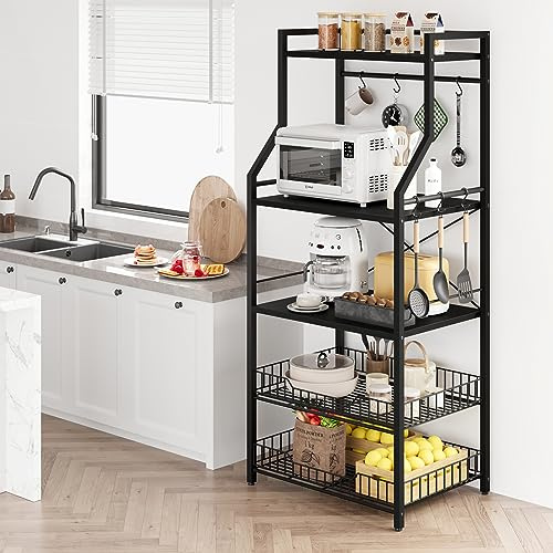 Aptliton Kitchen Bakers Rack With Wire Basket Microwave Oven Stand With Storage Shelves, Coffee Bar Station With Hooks, Metal Frame, 60x40x145cm
