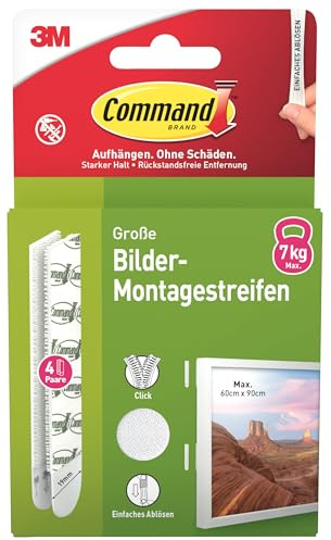 Command Große Klebestreifen, Packung mit 4x2 (8 Strips), Größe L, Weiß - Befestigung ohne Bohren - Für Bilderrahmen, Spiegel und weitere Deko