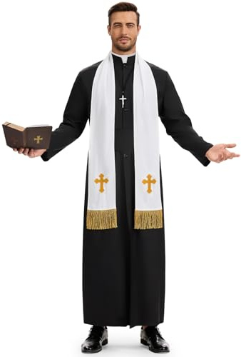 BuzzoXerex Costume Prete Uomo, Costumi Halloween Uomo, Vestito Prete con Stola, Catena con Croce, Cintura e Scatola per Bibbia per Halloween, Carnevale, Cosplay