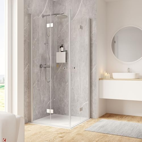Schulte Duschkabine 90x90 cm Eckeinstieg, 200 cm hoch, 6 mm Sicherheitsglas Klar hell Nano Beschichtung, Grau, Garant 2.0 Eckdusche mit Drehtür faltbar