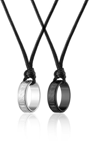 PiercingJak Partner Kette Wikinger Edelstahl Runen Ringe Anhänger mit Lederkette für Herren Frauen Halskette Pärchen Paar Lederhalsband Nordische Schmuck Amulett Geschenke für Männer Damen