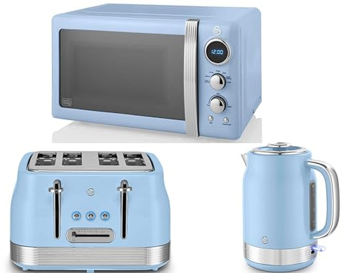 Swan Retro Revive Blue 1.7L 3KW Jug Kettle, 4 Slice Toaster & Retro 800W 20L Microwave. Matching Vintage Design Kitchen Set in Blue with Chrome Accents