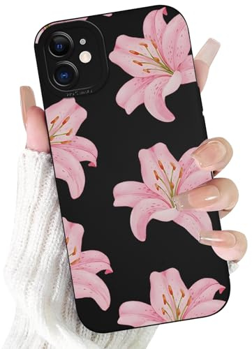 Tivkofk Cute Flower Print Phone Case for iPhone 11 Pink floral Pattern Case 6.1, Aesthetic Trendy Stylish Design Women Girly Cover Slim Silicone Shockproof Camera Protective, Black