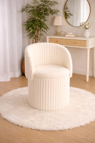 BLOOM BLENDS Teddy Boucle Tub Chair With Hidden Storage, Round Vanity Seat With Curved Back and Lift-Off Lid, Wooden Frame, 150kg, 46 x 62 cm (Ribbed Cream)