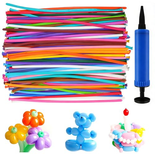 NARHOR 100 Stück Lange Ballons, Modellierballons mit Luftpumpe, 30cm Luftballons für Tiere Lange Bunte Ballons für Party Geburtstag Weihnachten Hochzeiten