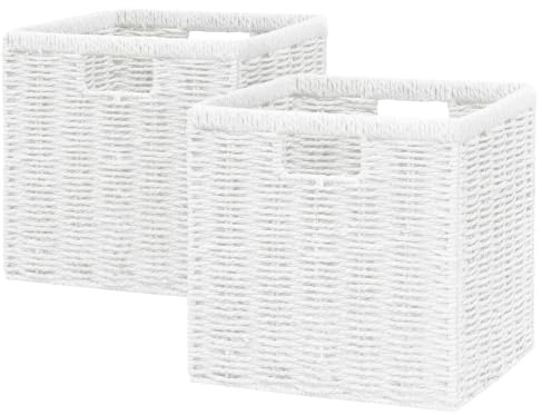Vagusicc Wicker Storage Basket, Foldable Storage Cubes Organizer Bins, Handwoven Storage Baskets for Shelves Closet Wardrobe Bathroom, Set of 2 Cube Storage Boxes, 28 x 28 x 28 cm, White