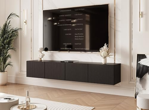 IDOHOME TV Lowboard hängend mit LED und 4 Fächern 200 cm Schwarz Matt
