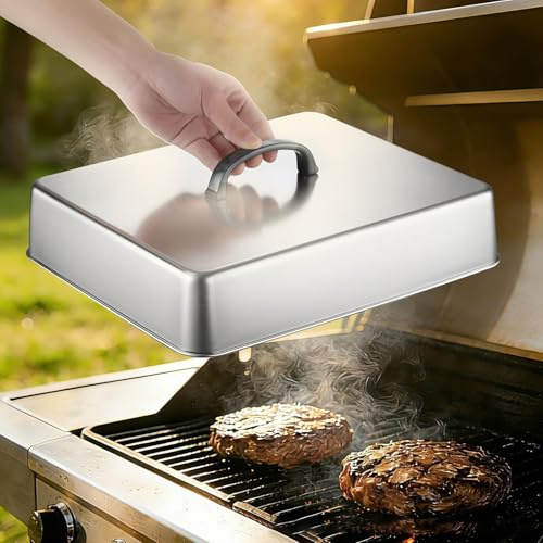 2er Set XL Schmelzhaube Edelstahl 43,5cm: Rechteckige Burgerglocke für Grill & Plancha – Profis Dampfhaube zum Käseschmelzen, Hitzebeständiger Spritzschutz & Warmhaltehaube für Gartenparty & Grillen