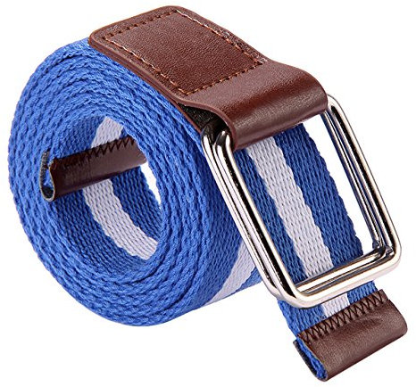 FALETO Herren Damen Gürtel Gestreift Stoffgürtel mit Dual Ring Schnalle Leinwand Canvas Jeansgürtel Belts 113cm + Original Geschenkbox (Blau-Weiß-Blau)