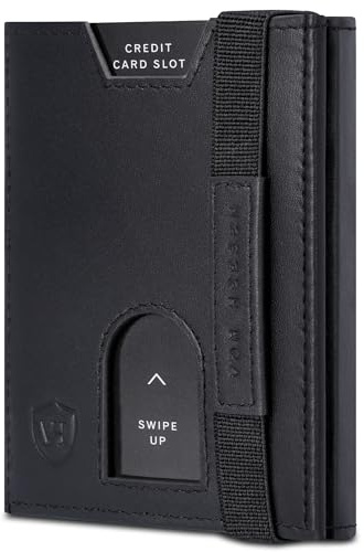 VON HEESEN Mini Kartenetui Ohne Münzfach 6-12 Karten - RFID-Schutz - Leder Geldbörse Damen Herren - Geldbeutel Männer klein - Portemonnaie Portmonaise Portmonee Slim Wallet (Schwarz Glatt)