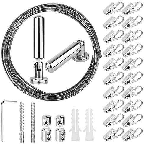 [5 Meter] OOTSR Seilspanngarnitur Seilspanner Gardinenseil Drahtseil mit (20) Haken Vorhang Clips für Innenministerium Dekoration