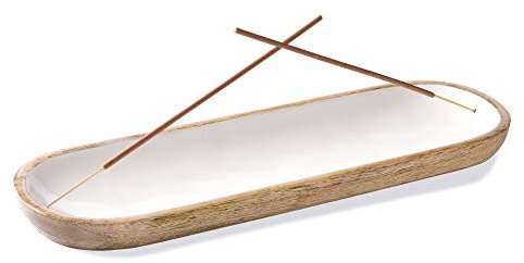 Folkulture Incense Holder, Modern Incense Burner for Sticks or Ash Catcher, Handmade Wooden Incense Tray Trough, Mango Wood, 12 x 4 Inches, White