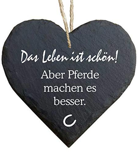 Homeyourself Herz Schieferherz Schiefer Schieferschild 10 x 10 cm Das Leben ist schön Aber Pferde Machen es Besser schwarz Dekoschild Wandschild Schild Stein Pferdeschild