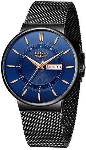 LIGE Uhr Herren | Wasserdicht Edelstahl Vintage Analog Armbanduhren Business Quarz Schwarz Edelstahlband Herrenuhr Datumsanzeige Klassisch Einfach Watches for Men - Geschenk für Männer,Blau Schwarz