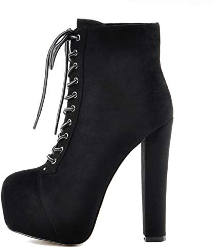 Only maker Damen Schnürstiefeletten Plateau Blockabsatz Ankle Boots Lace up Warm Gefüttert Flanell Schwarz 39 EU