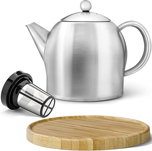 große matte doppelwandige Edelstahl Teekanne 1.4 Liter & brauner Untersetzer aus Holz & Edelstahl Tee-Filter-Sieb-Aufsatz für losen Tee oder Teebeutel