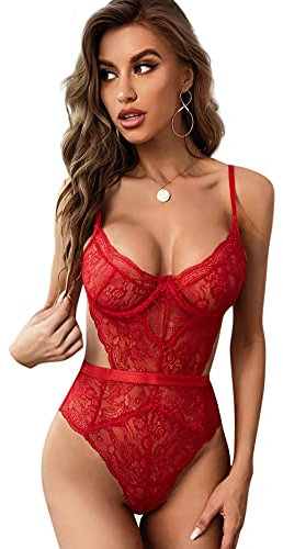 EVELIFE Body Mujer Sexy Lenceria Encaje Transparente Teddy Lingerie rofundo V Ropa Interior Ropa de Dormir (Rojo, XXL)