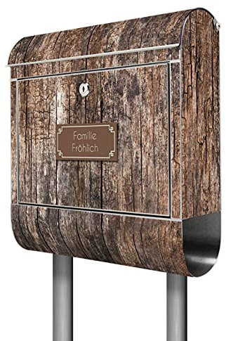 banjado® Briefkasten mit Standfuß personalisiert Motiv Altes Holz - Stand Briefkasten Edelstahl mit Zeitungsfach - Postbox/Postkasten A4 Einwurf inkl. Montagematerial & 2 Schlüssel