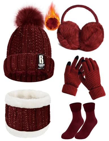 Voqeen Wintermütze Mütze Schal Handschuhe Set Damen Fleecefutter Strickmütze mit Pompon Touchscreen Handschuhe Weiche Wärmer Winter Ohrenschützer Socken Geschenke 5 Sets für Frauen (Weinrot)