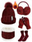 Voqeen Wintermütze Mütze Schal Handschuhe Set Damen Fleecefutter Strickmütze mit Pompon Touchscreen Handschuhe Weiche Wärmer Winter Ohrenschützer Socken Geschenke 5 Sets für Frauen (Weinrot)