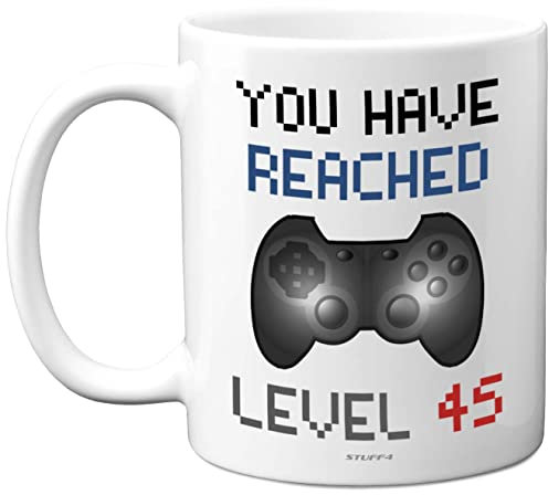45th Birthday Gamer Gift - Level 45 Gamer Mug, 45th Birthday Gifts, 11oz Dishwasher Safe Coffee Mugs Cup, for Men or Women, Retro Video Game, Novelty Gaming for Him or Her