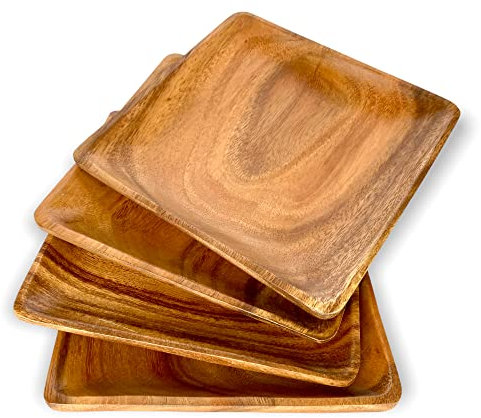 WRIGHTMART Wooden Plates Set of 4 – 8” Square Acacia Wood Plates, Rustic Salad, Side Dish, and Dessert Dinnerware for Snacks, Appetizers, or Wooden Chargers