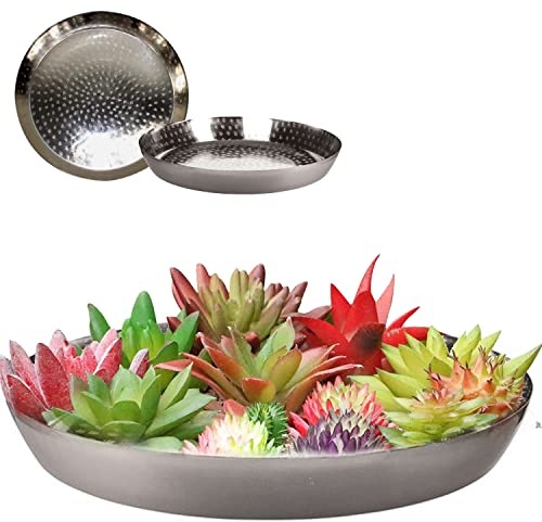 QMBasic PFLANZSCHALE SUKKULENTE SILBER 36cm große runde Blumenschale Metall Tablett Dekotablett Serviertablett