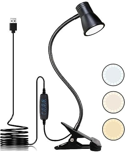 KNAMKY USB LED Desk Lamp With Clip - 3 Light Modes, 10 Dimmable Brightness Levels, Eye-Caring Reading Light for Bed, Headboard, Studying and Working