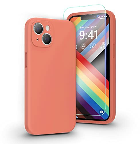 pcgaga Liquid Silicone Case for iPhone 14 Plus with Screen Protector [Camera Protection] [Microfiber Lining] Slim Shockproof Protective Phone Cover, 6.7 Inch, Kumquat Orange