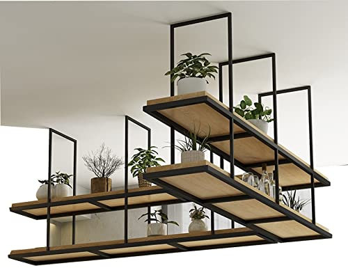 Deckenregal Hängend Küche Bar Deckenhänger Weinregal 2 Etagen schwebende Regale – Metalleisen Deckenregal für Aufhängen, Aufbewahrung, Organizer aus Holz, Regale, Pflanzen, Blumentopfständer für die