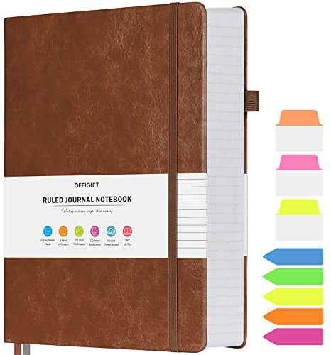 OFFIGIFT Notizbuch A5 liniert, Hardcover Tagebuch mit 312 Nummerierten Seiten, 100g/m² Tintenfestes Papier Dickes Notizbücher, Leder Tagebuch für Erwachsene Frauen Männer, 14,5 x 21,5 cm, Braun