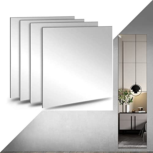 Full Body Mirrors Tiles Wall Mounted,4pcs 16x16 (40cm) Full Length Frameless Mirror,Self Adhesive 2MM Thick Acrylic Plexiglass,for Door Walls Dorm Floor,Bathroom/Bedroom/Wardrobe/Home