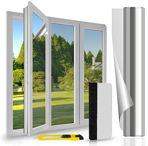 Guuteee UV-Schutz Sonnenschutzfolie Fenster außen oder innen Spiegelfolie Fenster Sichtschutz Selbstklebend Fensterfolie Sonnenschutz ohne Rückstände Thermofolie Fenster Gegen Hitze 90X400cm