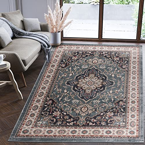 Mazovia Teppich Flur 160x220cm Blau Klassisch Traditionell Weich Mittelflor | Teppich für Eingangsbereich Küche Büro Wohnzimmer Schlafzimmer Pflegeleicht Fußbodenheizungsgeeignet Synthetisch Elegant
