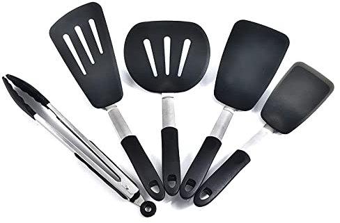 Scratch-Resistant Spatula Grill Tongs Set Made of Silicone Stainless Steel with Pastry Brush BPA-Free Heat Resistant for Coated Non-Stick Pan Teflo Pan Kitchen Cooking Steak Fish Burger Set of 5