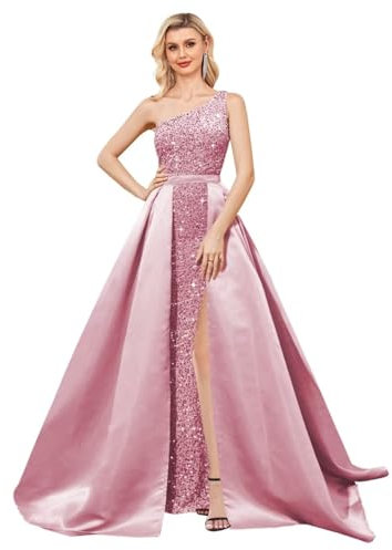 Abiti da ballo con paillettes monospalla scintillante abito formale per le donne abiti da sera in raso con spacco, rosa cipria, 64