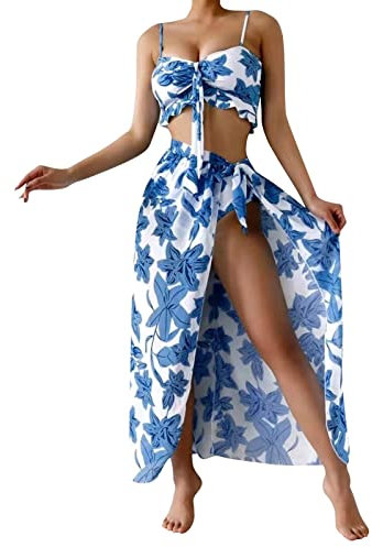 High Waisted Bikini Set Plus Size, Push Up Women's Bikini & Briefs, Sexy Halter Mesh Women Three Piece Tankini Swimsuits High Waist Halter Vintage Bikini Set Valentine Gift Office Blue