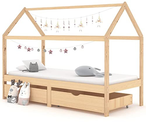 Rantry Kinderbett mit Schubladen Holzbett Bett Hausbett Jugendbett Bettgestell Einzelbett Einzelbettgestell Kinderzimmer Bett Bett mit Lattenrost für Kinderzimmer 90x200 cm