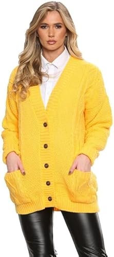 OutfitsbySMILE Women's Ladies Long Sleeve Button Top Chunky Aran Cable Knitted Grandad Cardigan Yellow UK Size 24/26