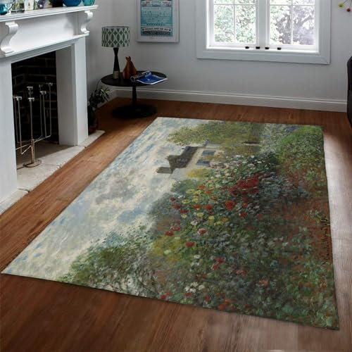 Monets Garten in Argenteuil Druckteppiche im Stil von Claude Monet Vintage Zimmer Teppich Waschbar Weichflauschig für Kinderzimmer 90x150cm