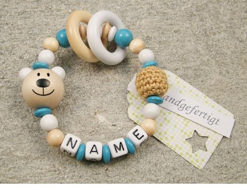 kleinerStorch Baby Motorik Spielzeug personalisiert mit Namen | Holz Lernspielzeug als Mädchen & Jungen Geschenk zur Geburt, Taufe | Bär in Weiss türkis
