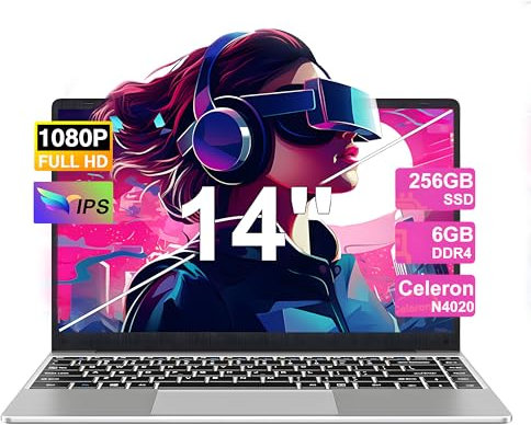 NOTODD 2025 Laptop 14 Zoll Win 11 Pro 6GB RAM 256GB SSD Unterstützung 1TB (TF 512GB) Notebook Celeron N4020 (bis2.8GHz) 5000mAh 1920x1080p WiFi Deutscher Tastaturschutz und kabellose Maus-Silver