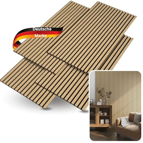 DELUKE® 3D Akustikpaneele 4er Set - Holz Optik Paneele | Akustik Wandpaneele Akustikplatten für Wand, Wohnzimmer, Flur, Küche Lamellenwand Wandverkleidung | Eiche Hell