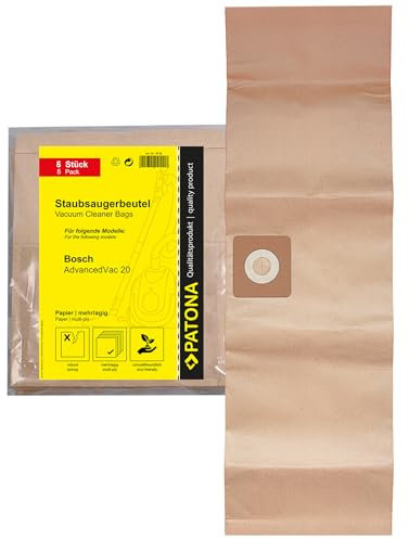 PATONA 5X Staubsaugerbeutel inkl. Microfilter Kompatibel mit Bosch AdvancedVac 20, 2609256F33, Reißfestes Staubbeutel Papier Mehrlagig