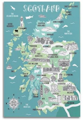 Poster mit Stadtkarte, Schottland, dekoratives Gemälde, Leinwand, Wandposter und Kunstdruck, modernes Familienschlafzimmer, Dekoration, Poster, 30 x 45 cm